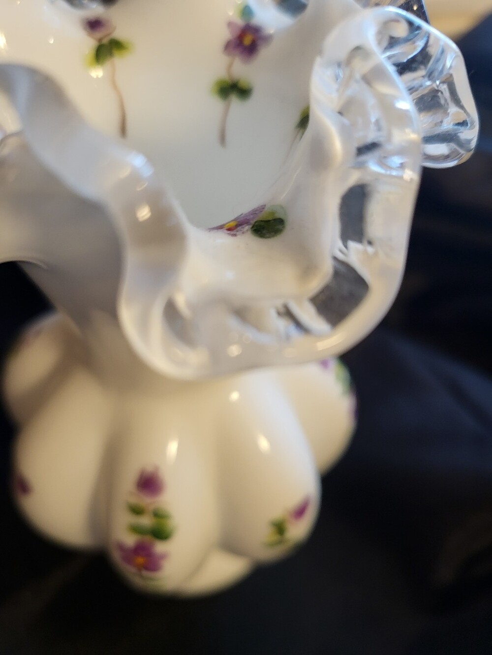Fenton 6 In. White Glass Violets In The Snow Ruffled Vase - Picture 5 of 15